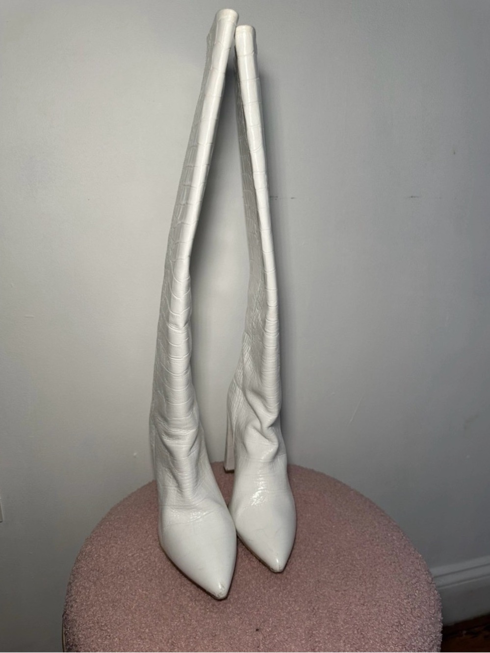 Paris Texas White Croc-Effect Over-the-Knee Block Heel Boots - Picture 5 of 10